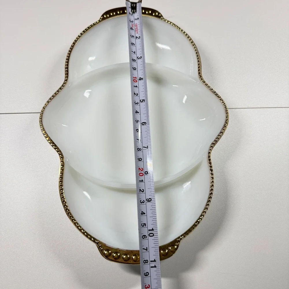 2 FIRE-KING Vintage White Milk Glass Gold Beaded Trim Serving Platter Relish